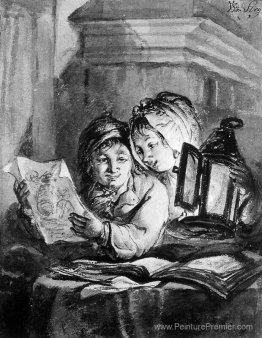 Garçon et fille qui regarde les dessins Garçon et fille qui regarde les dessins