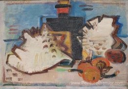 Vie de seuil avec des fruits, des moules et une bouteille Vie de seuil avec des fruits, des moules et une bouteille