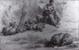Femme assise avec un panier et du bétail Femme assise avec un panier et du bétail