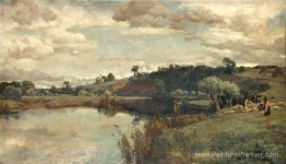 Scène de la rivière avec un berger et des moutons par un ferry Scène de la rivière avec un berger et des moutons par un ferry