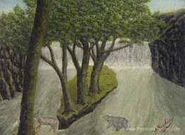 Animaux traversant une rivière inondé avec une cascade éloignée Animaux traversant une rivière inondé avec une cascade éloignée
