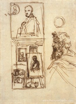Dessin préparatoire à l'auto-Portrait sur un chevalet dans un at Dessin préparatoire à l'auto-Portrait sur un chevalet dans un at