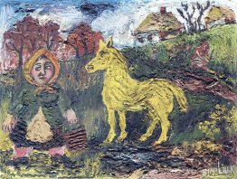 Femme avec seau en bois et cheval jaune Femme avec seau en bois et cheval jaune