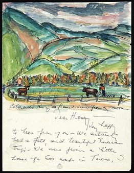 Page 1 d'une lettre illustrée de Betty Parsons à H.E. (Henry Ern Page 1 d'une lettre illustrée de Betty Parsons à H.E. (Henry Ern
