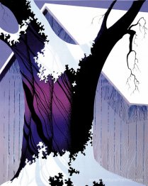 Arbre violet et grange