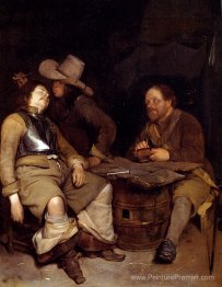 Un intérieur de la salle de garde avec un soldat soufflant de la