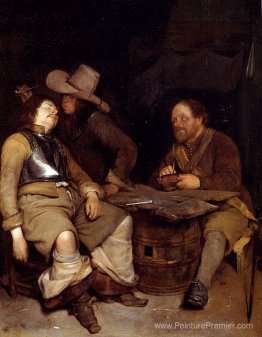Un intérieur de la salle de garde avec un soldat soufflant de la
