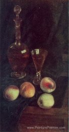 Nature morte. Décanteur et pêches