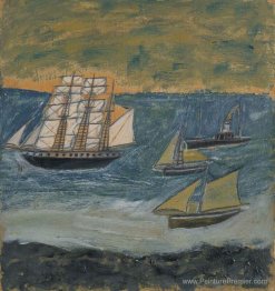 Barque à trois mâts avec trois petits navires