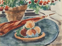 Nature morte avec pêches et parapluie