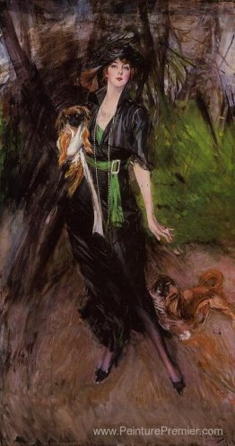 Portrait d'une bilite de dame Lina avec deux pekinois