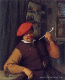 Un paysan dans un béret rouge fumer une pipe
