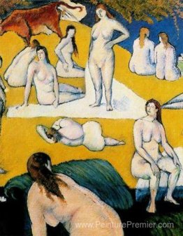 Baigneurs avec une vache rouge