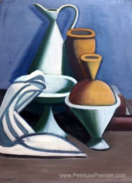 Nature morte avec une cruche à eau, une serviette et des bocaux