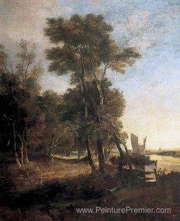 Bois avec une rivière et des barges avec des voiles