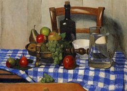 Nature morte avec une nappe à carreaux bleus