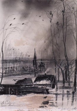 Les tours sont arrivés. Paysage avec l'église