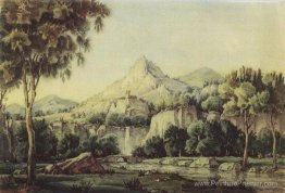Paysage avec cascade et pont