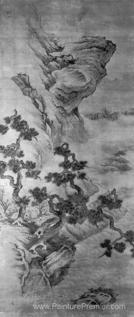 Paysage avec une rive rivière précipitée avec des pins noueux et