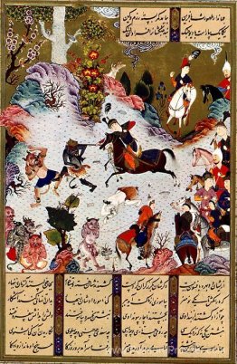 Tahmuras bat les Divs. Miniature de Shahname