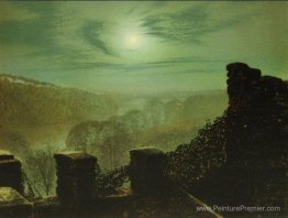 Pleine lune derrière le nuage de cirrus des remparts de château