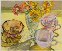 Nasturtiums et tasses roses