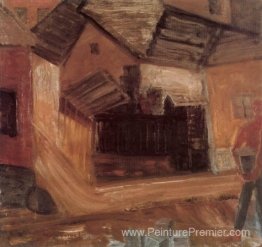 Maisons avec l'homme transportant de la pierre
