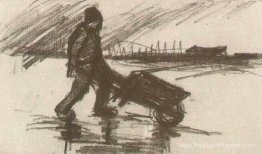 Paysan, marchant avec une brouette
