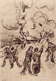 Plusieurs personnages sur une route avec des arbres