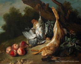 Nature morte avec un jeu mort et des pêches dans un paysage