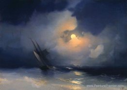 Tempête en mer par une nuit éclairée au lune