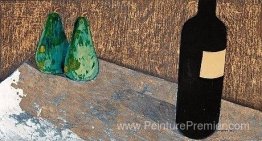 Nature morte avec bouteille et poires vertes