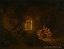 Un intérieur de taverne avec des paysans buvant sous une fenêtre