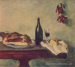 Nature morte. Pain, jambon et vin.