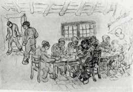 Feuille avec deux groupes de paysans lors d'un repas