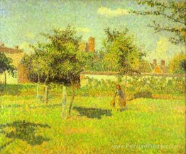 Femme dans un verger, soleil de printemps dans un champ, Eragny