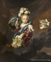 Portrait d'une petite fille comme Vénus avec un char dessiné par
