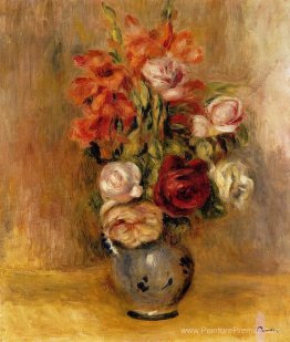 Vase de glaïolas et de roses