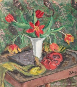 Nature morte avec lys, fan et masque rouge