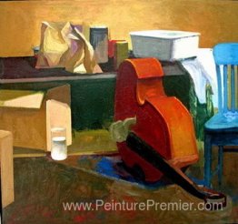 Le studio d'artistes, les sacs en papier et le violon de basse,