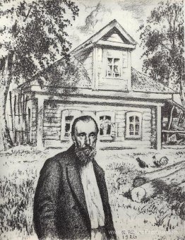S.P. Podyachev dans sa cabane dans le village Obolyaninove