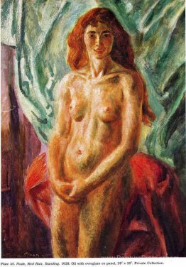 Nude, cheveux roux, debout