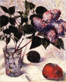 Lilas dans un verre, pomme et citron