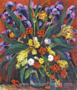 Nature morte avec des iris et des coquelicots