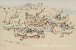 Village de pêcheurs de la côte ouest avec bateaux échoués et pêc