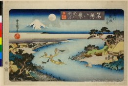 Moon d'automne à Tamagawa, deux bateaux pêchant la nuit