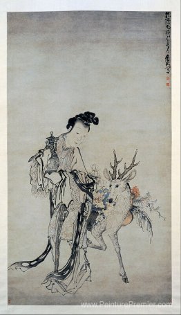 Ma-gu tenant un vase, avec un cerf