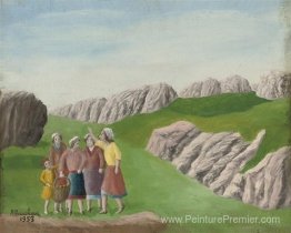 Cinq personnages dans un paysage de montagne