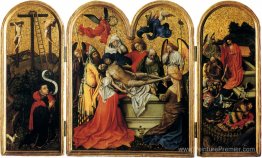 Triptych: les deux voleurs avec la croix vide, l'entretien, la r