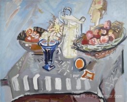 Nature morte avec chardon en vase bleu, pot à sel, panier de pom